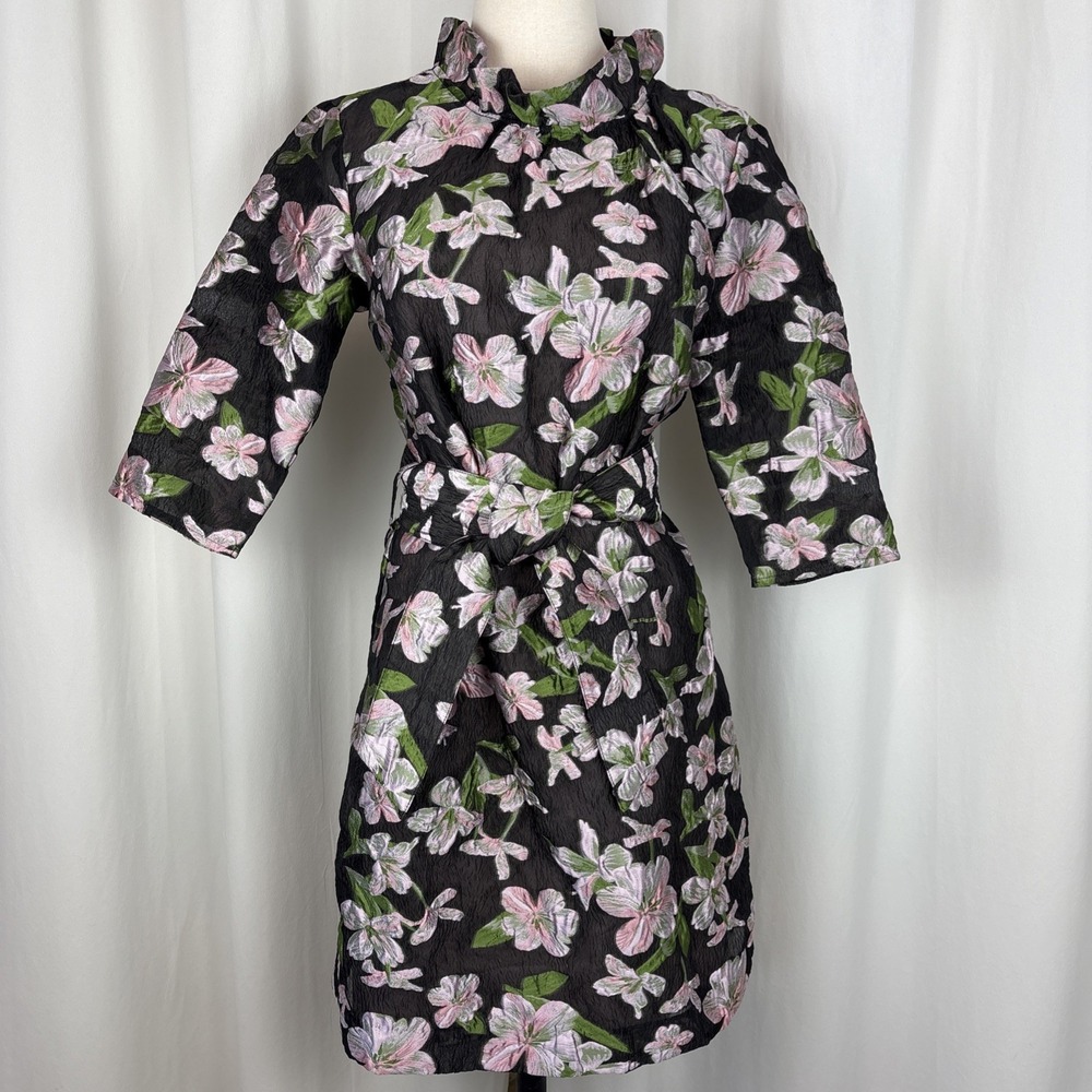 Abbey Glass Claudine Organza Floral Jacquard Ruffle Mock Neck Shift Dress Sz M